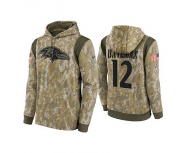 Men's Baltimore Ravens #12 Rashod Bateman Camo 2021 Salute To Service Therma Performance Pullover Football Hoodie