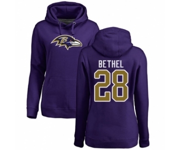 Football Women's Baltimore Ravens #28 Justin Bethel Purple Name & Number Logo Pullover Hoodie