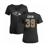 Football Women's Baltimore Ravens #39 Tyler Ervin Black Name & Number Logo T-Shirt