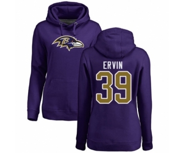 Football Women's Baltimore Ravens #39 Tyler Ervin Purple Name & Number Logo Pullover Hoodie