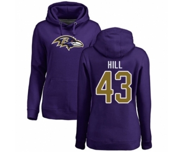 Football Women's Baltimore Ravens #43 Justice Hill Purple Name & Number Logo Pullover Hoodie