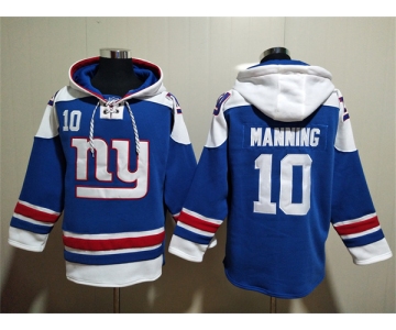 Men's New York Giants #10 Eli Manning Blue Lace-Up Pullover Hoodie