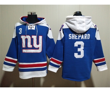 Men's New York Giants #3 Sterling Shepard Blue Lace-Up Pullover Hoodie