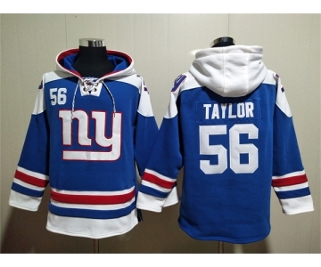 Men's New York Giants #56 Lawrence Taylor Blue Lace-Up Pullover Hoodie