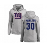 Football Women's New York Giants #30 Antonio Hamilton Ash Name & Number Logo Pullover Hoodie