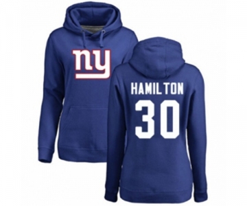 Football Women's New York Giants #30 Antonio Hamilton Royal Blue Name & Number Logo Pullover Hoodie