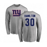 Football New York Giants #30 Antonio Hamilton Ash Name & Number Logo Long Sleeve T-Shirt