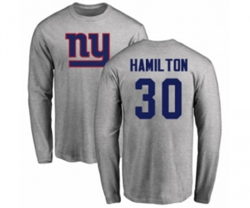 Football New York Giants #30 Antonio Hamilton Ash Name & Number Logo Long Sleeve T-Shirt