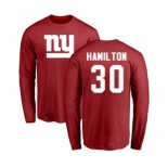 Football New York Giants #30 Antonio Hamilton Red Name & Number Logo Long Sleeve T-Shirt