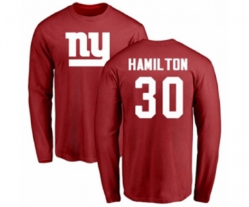 Football New York Giants #30 Antonio Hamilton Red Name & Number Logo Long Sleeve T-Shirt