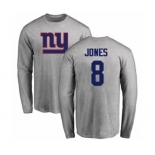 Football New York Giants #8 Daniel Jones Ash Name & Number Logo Long Sleeve T-Shirt