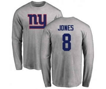 Football New York Giants #8 Daniel Jones Ash Name & Number Logo Long Sleeve T-Shirt