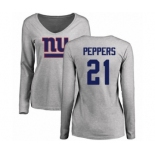 Football Women's New York Giants #21 Jabrill Peppers Ash Name & Number Logo Long Sleeve T-Shirt