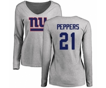 Football Women's New York Giants #21 Jabrill Peppers Ash Name & Number Logo Long Sleeve T-Shirt