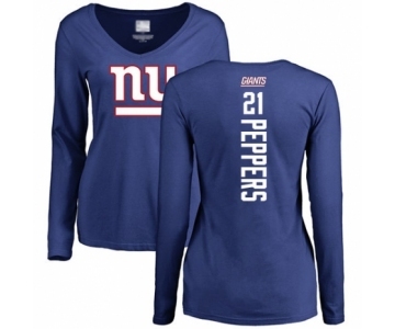 Football Women's New York Giants #21 Jabrill Peppers Royal Blue Backer Long Sleeve T-Shirt