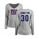 Football Women's New York Giants #30 Antonio Hamilton Ash Name & Number Logo Long Sleeve T-Shirt