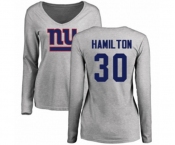 Football Women's New York Giants #30 Antonio Hamilton Ash Name & Number Logo Long Sleeve T-Shirt