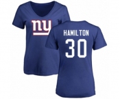 Football Women's New York Giants #30 Antonio Hamilton Royal Blue Name & Number Logo T-Shirt