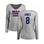 Football Women's New York Giants #8 Daniel Jones Ash Name & Number Logo Long Sleeve T-Shirt