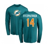 Football Miami Dolphins #14 Ryan Fitzpatrick Aqua Green Name & Number Logo Long Sleeve T-Shirt