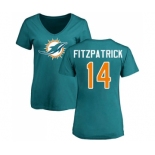 Football Women's Miami Dolphins #14 Ryan Fitzpatrick Aqua Green Name & Number Logo T-Shirt