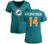 Football Women's Miami Dolphins #14 Ryan Fitzpatrick Aqua Green Name & Number Logo T-Shirt