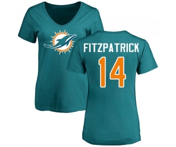 Football Women's Miami Dolphins #14 Ryan Fitzpatrick Aqua Green Name & Number Logo T-Shirt