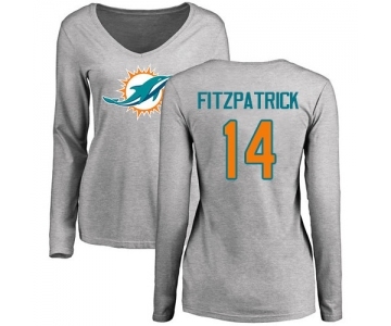 Football Women's Miami Dolphins #14 Ryan Fitzpatrick Ash Name & Number Logo Long Sleeve T-Shirt