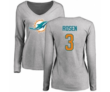 Football Women's Miami Dolphins #3 Josh Rosen Ash Name & Number Logo Long Sleeve T-Shirt