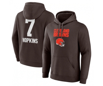 Men's Cleveland Browns #7 Dustin Hopkins Brown Team Wordmark Player Name & Number Pullover Hoodie