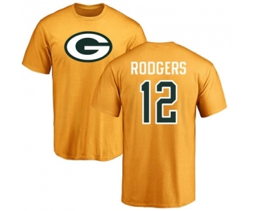 Football Green Bay Packers #12 Aaron Rodgers Gold Name & Number Logo T-Shirt