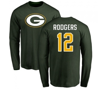 Football Green Bay Packers #12 Aaron Rodgers Green Name & Number Logo Long Sleeve T-Shirt