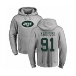 Football New York Jets #91 Bronson Kaufusi Ash Name & Number Logo Pullover Hoodie