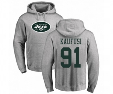 Football New York Jets #91 Bronson Kaufusi Ash Name & Number Logo Pullover Hoodie