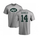 Football New York Jets #14 Sam Darnold Ash Name & Number Logo T-Shirt