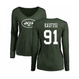 Football Women's New York Jets #91 Bronson Kaufusi Green Name & Number Logo Long Sleeve T-Shirt