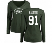 Football Women's New York Jets #91 Bronson Kaufusi Green Name & Number Logo Long Sleeve T-Shirt