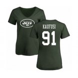 Football Women's New York Jets #91 Bronson Kaufusi Green Name & Number Logo T-Shirt