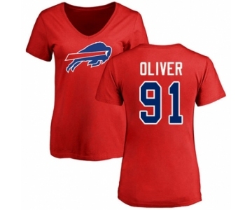 Football Women's Buffalo Bills #91 Ed Oliver Red Name & Number Logo T-Shirt