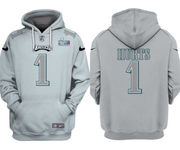 Men's Philadelphia Eagles #1 Jalen Hurts Gray Atmosphere Fashion Super Bowl LVII Patch Pullover Hoodie