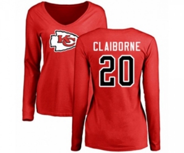 Football Women's Kansas City Chiefs #20 Morris Claiborne Red Name & Number Logo Slim Fit Long Sleeve T-Shirt