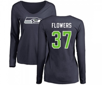 Football Women's Seattle Seahawks #37 Tre Flowers Navy Blue Name & Number Logo Long Sleeve T-Shirt