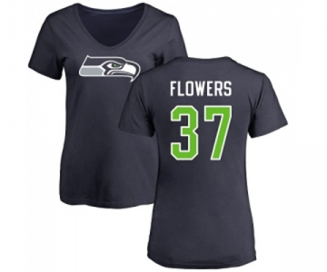 Football Women's Seattle Seahawks #37 Tre Flowers Navy Blue Name & Number Logo T-Shirt