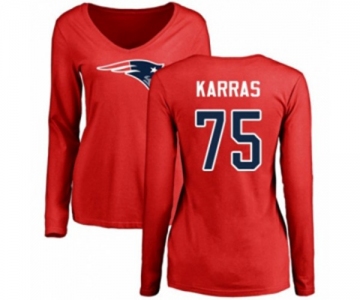 Football Women's New England Patriots #75 Ted Karras Red Name & Number Logo Slim Fit Long Sleeve T-Shirt