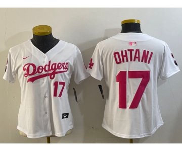 Women's Los Angeles Dodgers #17 Shohei Ohtani Number White Pink Limited Cool Base Stitched Jersey