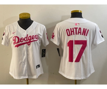 Women's Los Angeles Dodgers #17 Shohei Ohtani Number White Pink Limited Cool Base Stitched Jerseys