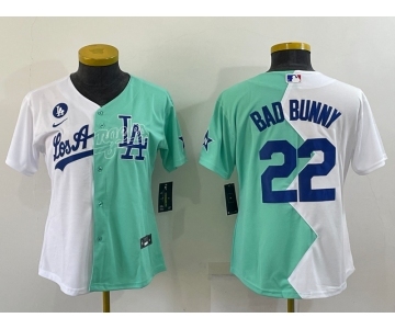 Women's Los Angeles Dodgers #22 Bad Bunny White Green Two Tone 2022 Celebrity Softball Game Cool Base Jersey2