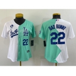 Women's Los Angeles Dodgers #22 Bad Bunny White Green Two Tone 2022 Celebrity Softball Game Cool Base Jersey