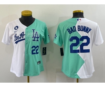 Womens Los Angeles Dodgers #22 Bad Bunny White Green Two Tone 2022 Celebrity Softball Game Cool Base Jersey