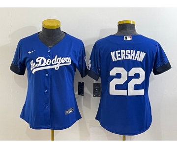 Women's Los Angeles Dodgers #22 Clayton Kershaw Blue 2021 City Connect Cool Base Stitched Jersey